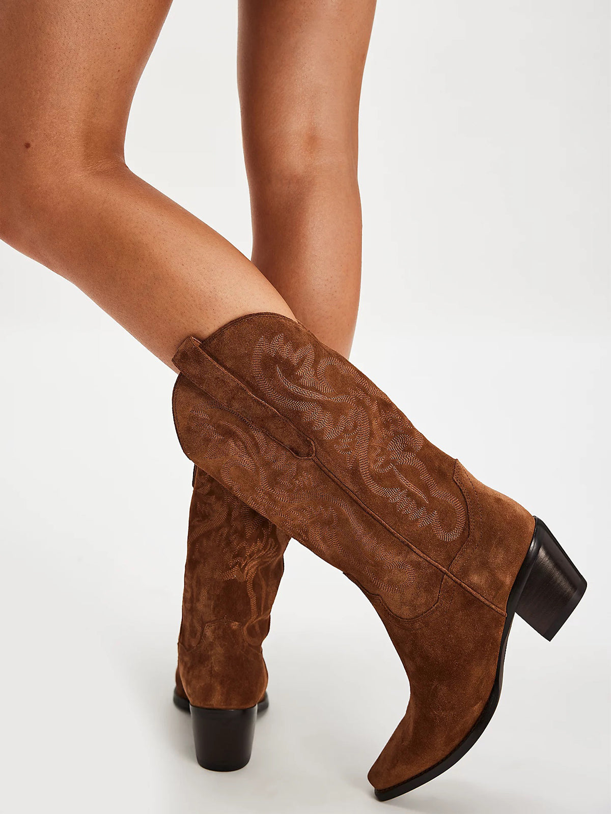 Snip-Toe Chic Western Embroidery Sleek Mid Calf Cowgirl Boots - Light Brown Faux Suede