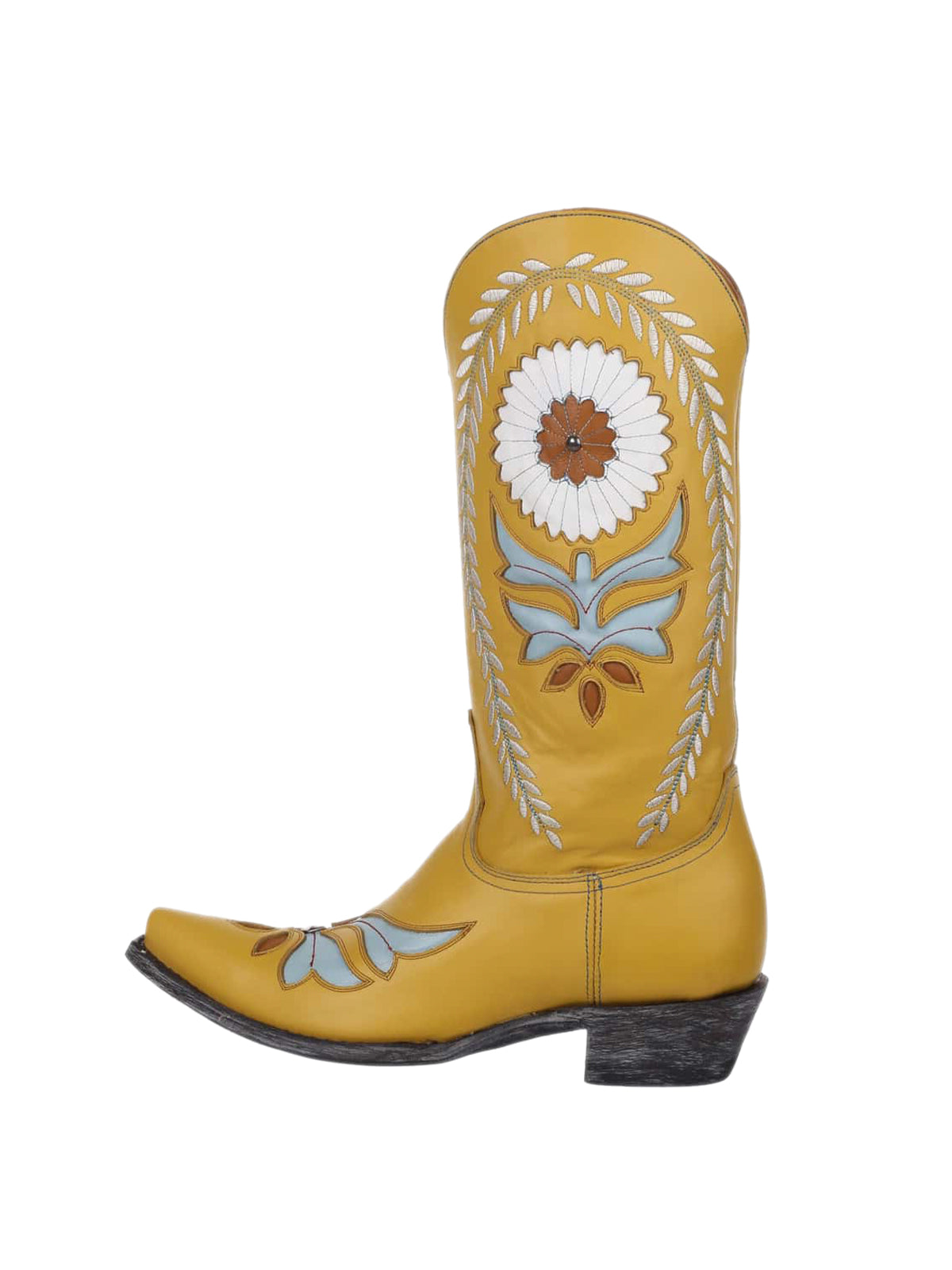 Yellow Snip-Toe Sunflower Inlay Rice Ears Embroidery Mid Calf Cowgirl Boots
