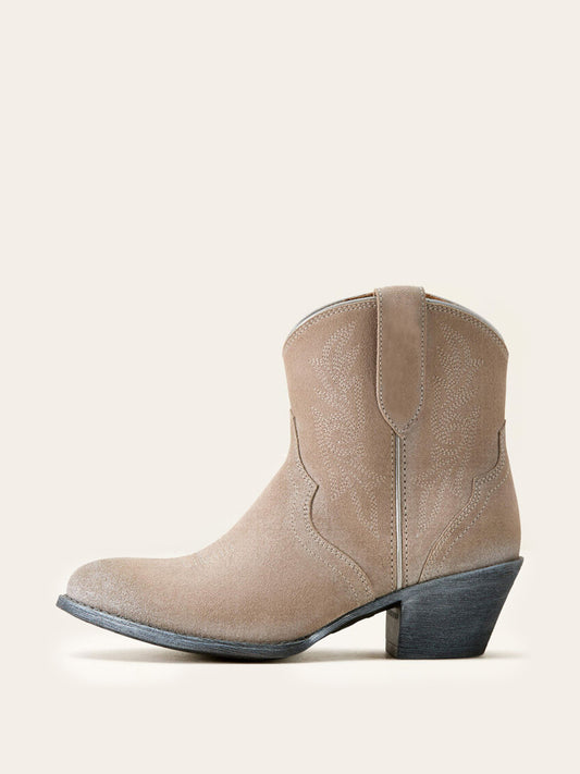 Gray Faux Suede Almond-Toe Embroidery Full-Zip Short Mid Calf Cowgirl Boots