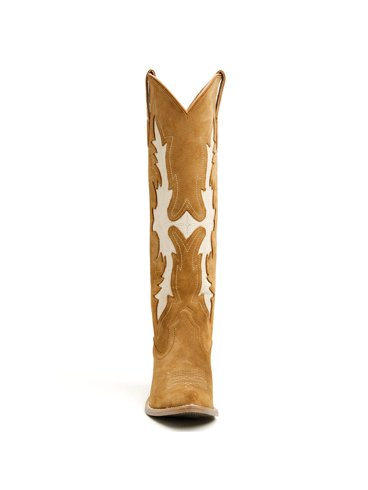 Tan Faux Suede Almond-Toe Fire Inlay And Embroidery Wide Calf Knee High Cowgirl Boots