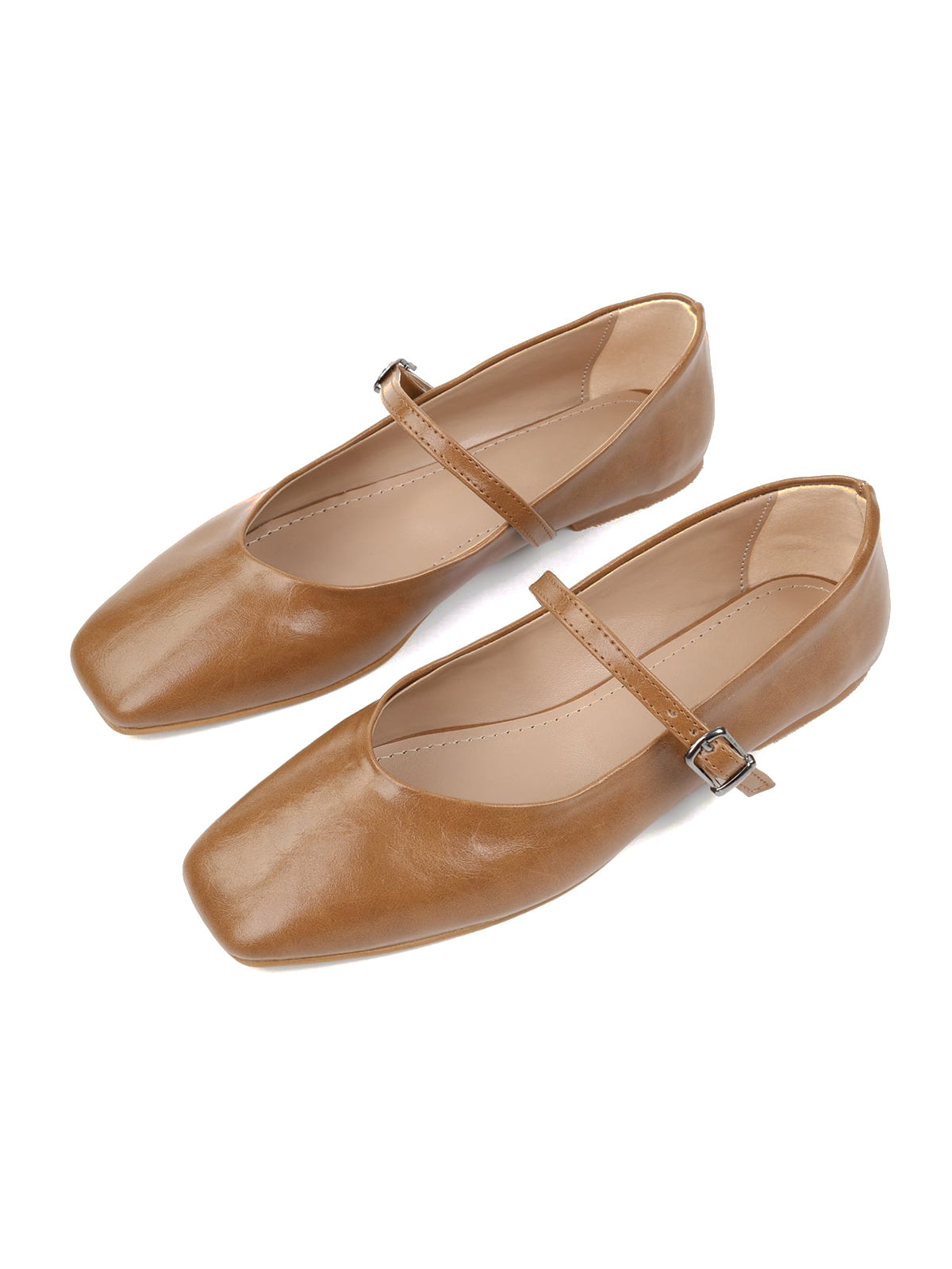 Caramel Square-Toe Buckle Bridge Strap Stylish Ballet Flats