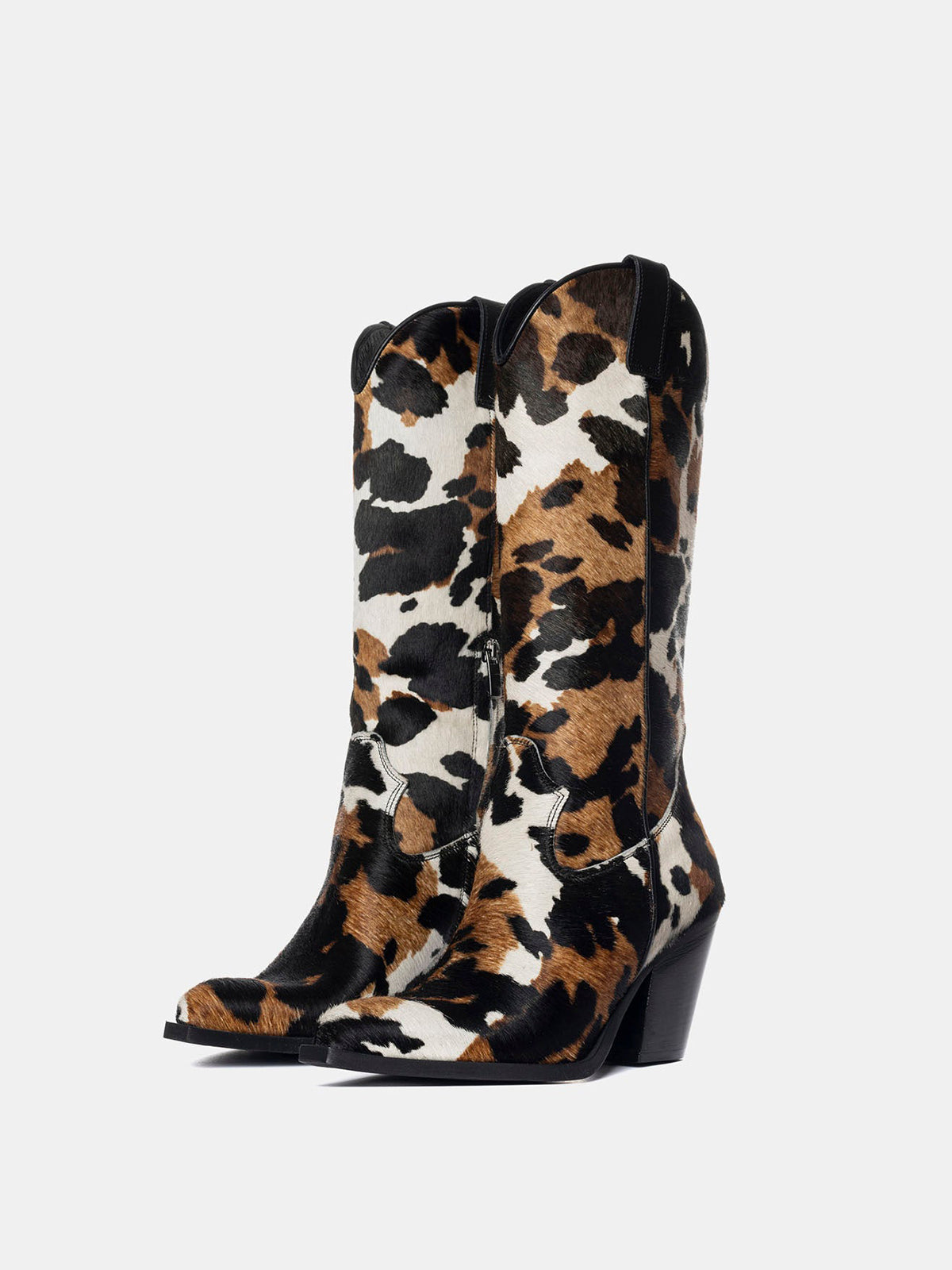 Cow Print Pony Hair Snip-Toe Simple Half-Zip Mid Calf Cowgirl Boots