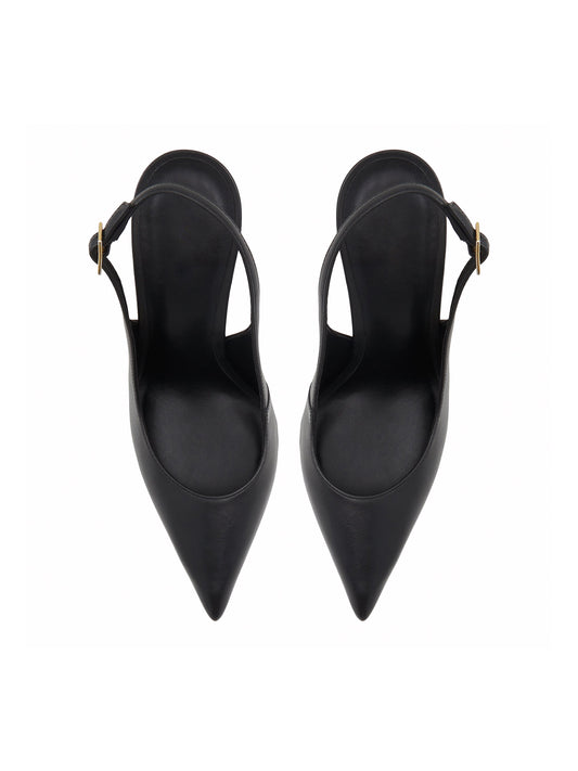 Black Pointed-Toe Classic Buckle Slingback High Heels