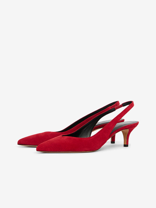 Red Faux Suede Pointed-Toe Classic Slingback Kitten Heels