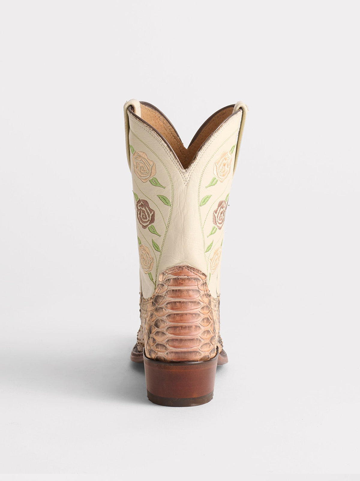 Contrast Tan And Snakeskin Snip-Toe Rose Embroidery Mid Calf Cowgirl Boots