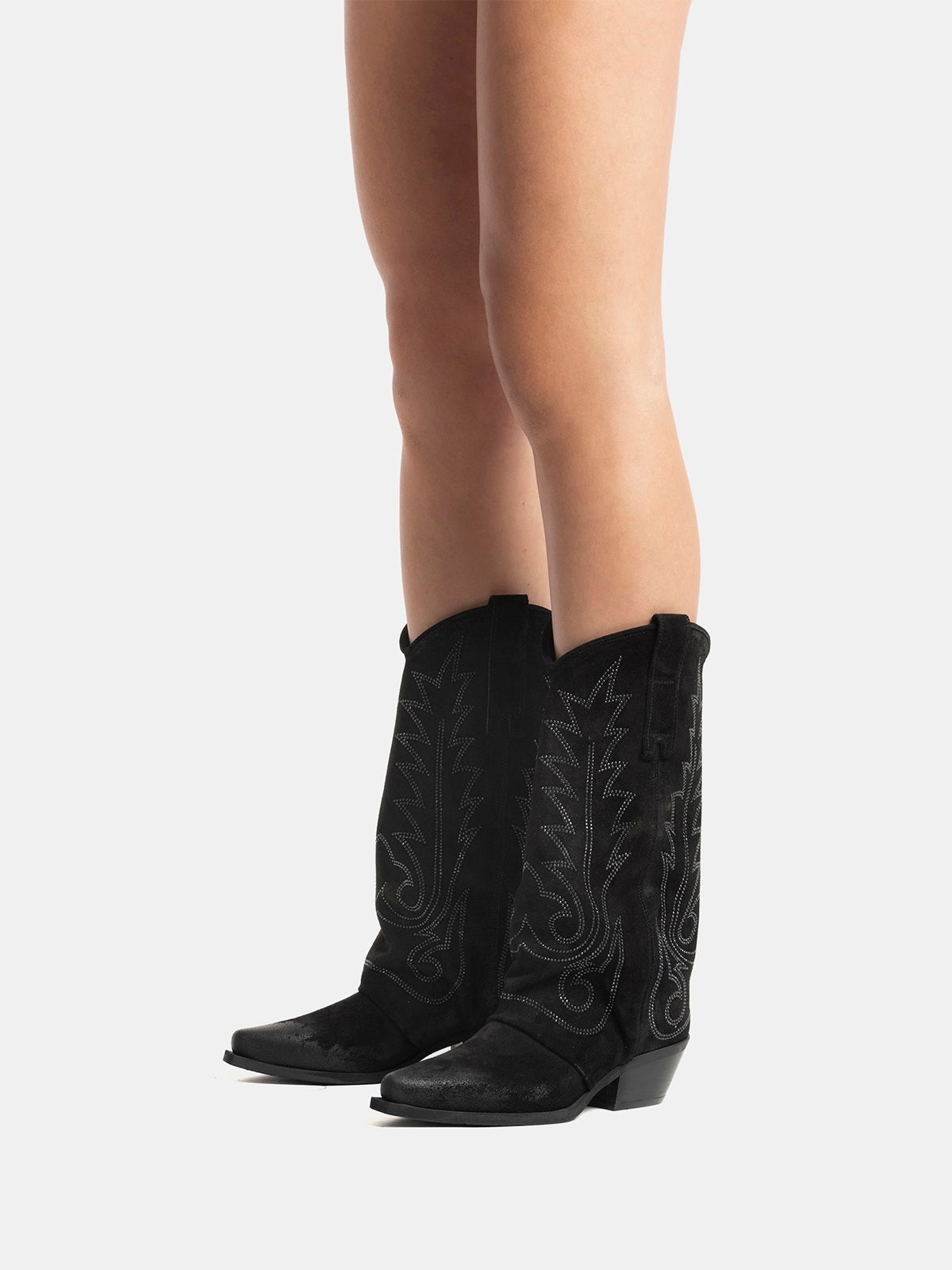 Black Snip-Toe Faux Suede Embroidery Classic Mid Calf Cowgirl Boots