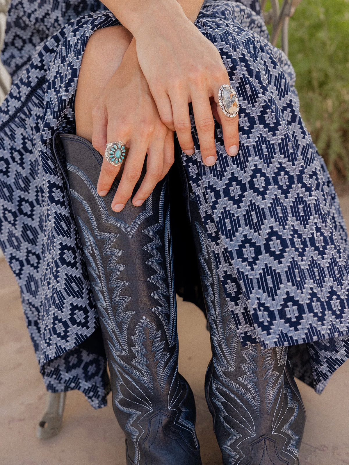 Western Embroidery Almond-Toe Tall Knee High Cowgirl Boots - Navy Blue