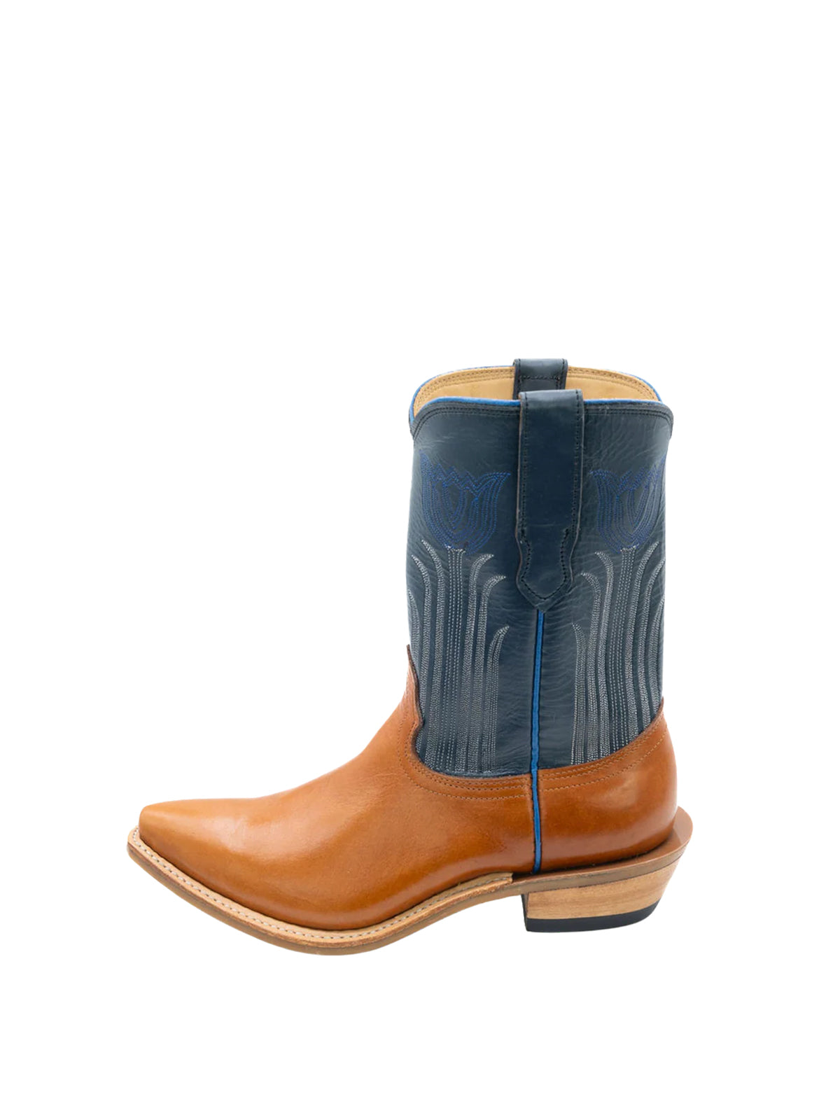 Contrast Brown And Turquoise Snip-Toe Tulip Embroidery Ankle Cowgirl Boots