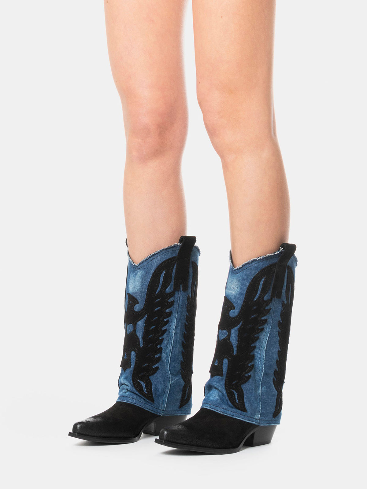 Black Snip-Toe Eagle Applique Blue Denim Fold-Over Mid Calf Cowgirl Boots