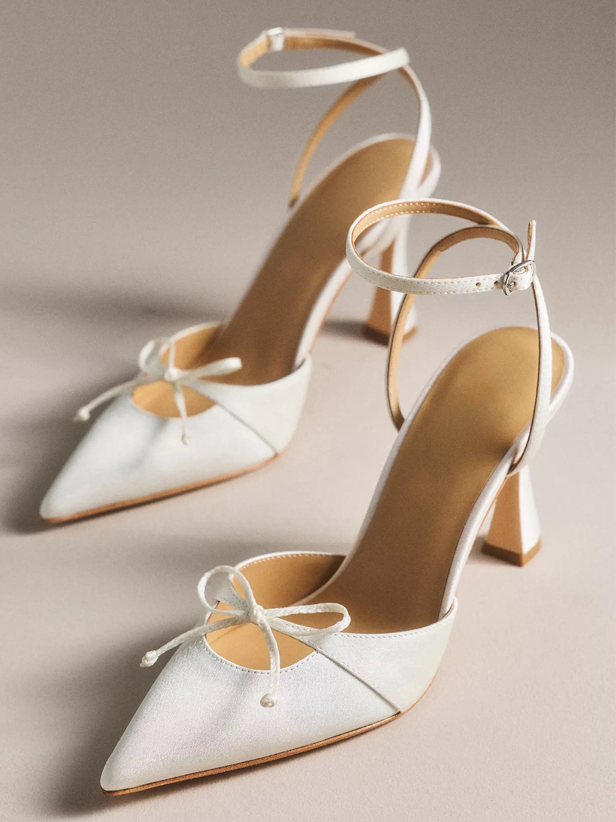 White Satin Pointed-Toe Front Bow Back And Ankle Strap High Heels