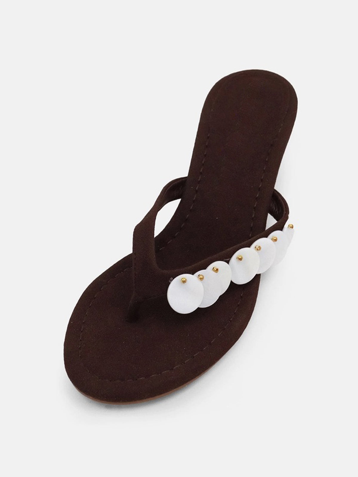 Coffee Faux Suede Round-Toe Flip-Flop With Mother Of Pearl Kitten Heels