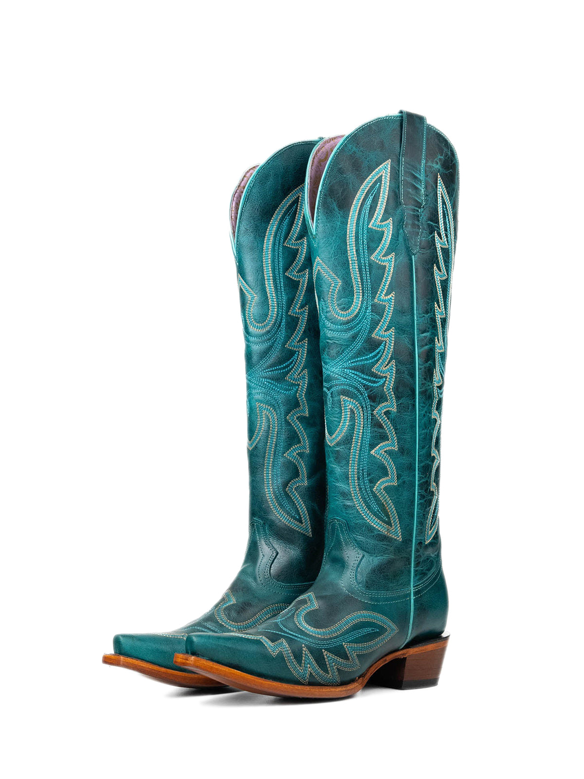 Distressed Turquoise Snip-Toe Embroidery Knee High Tall Half-Zip Cowgirl Boots