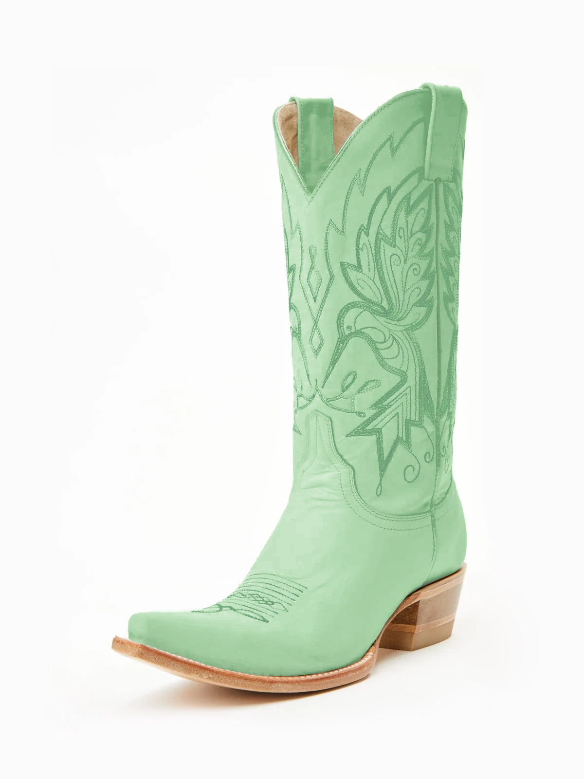 Светлозелени каубойски ботуши с бродерия от птици и къси пръсти до средата на прасеца