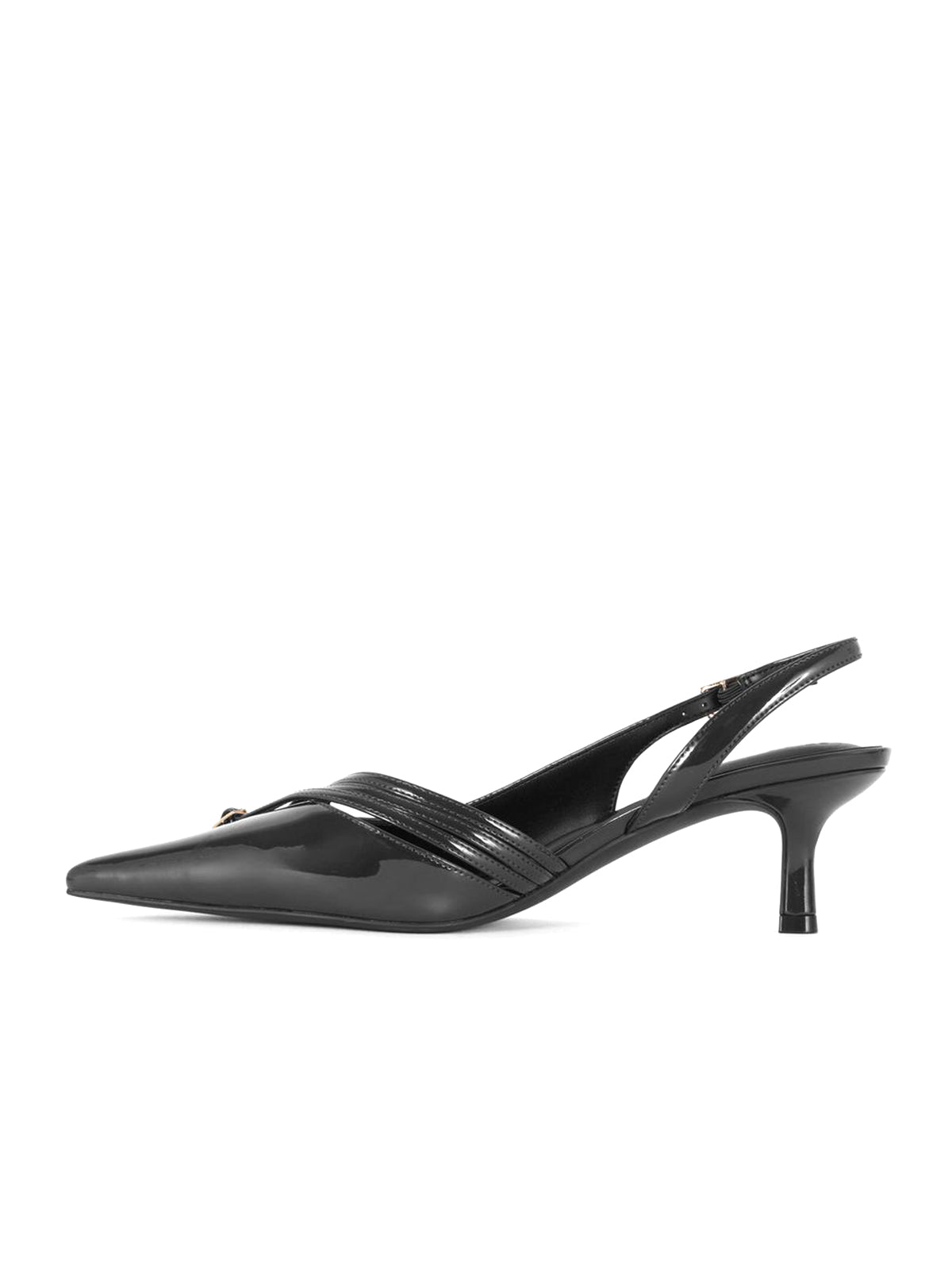 Patent Black Pointed-Toe Front Three Straps Slingback Kitten Heels