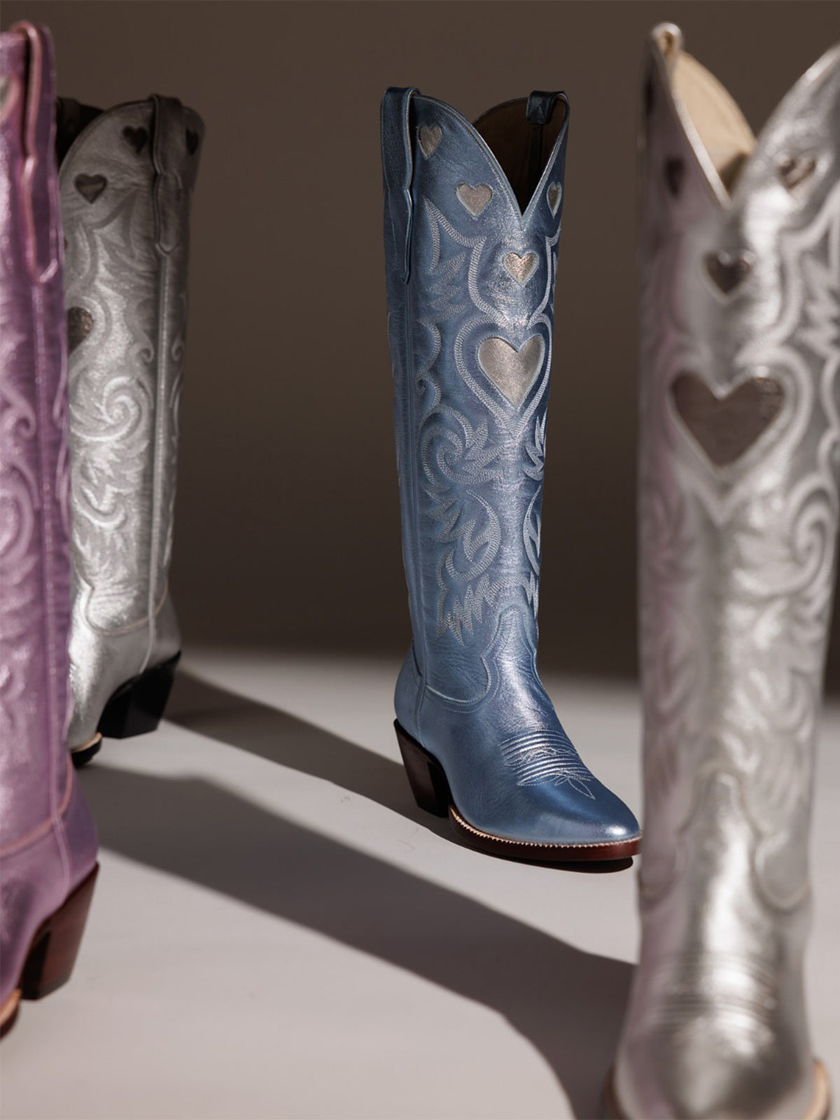 Metallic Blue Round-Toe Chic Hearts Inlay Wide Calf Knee High Cowgirl Boots