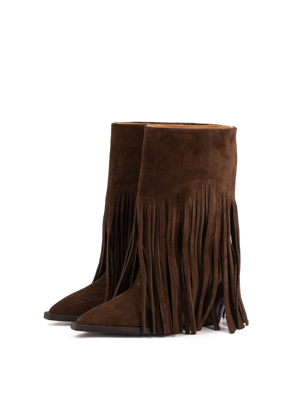 Dark Brown Faux Suede Pointed-Toe Fringe Mid Calf Cowgirl Boots
