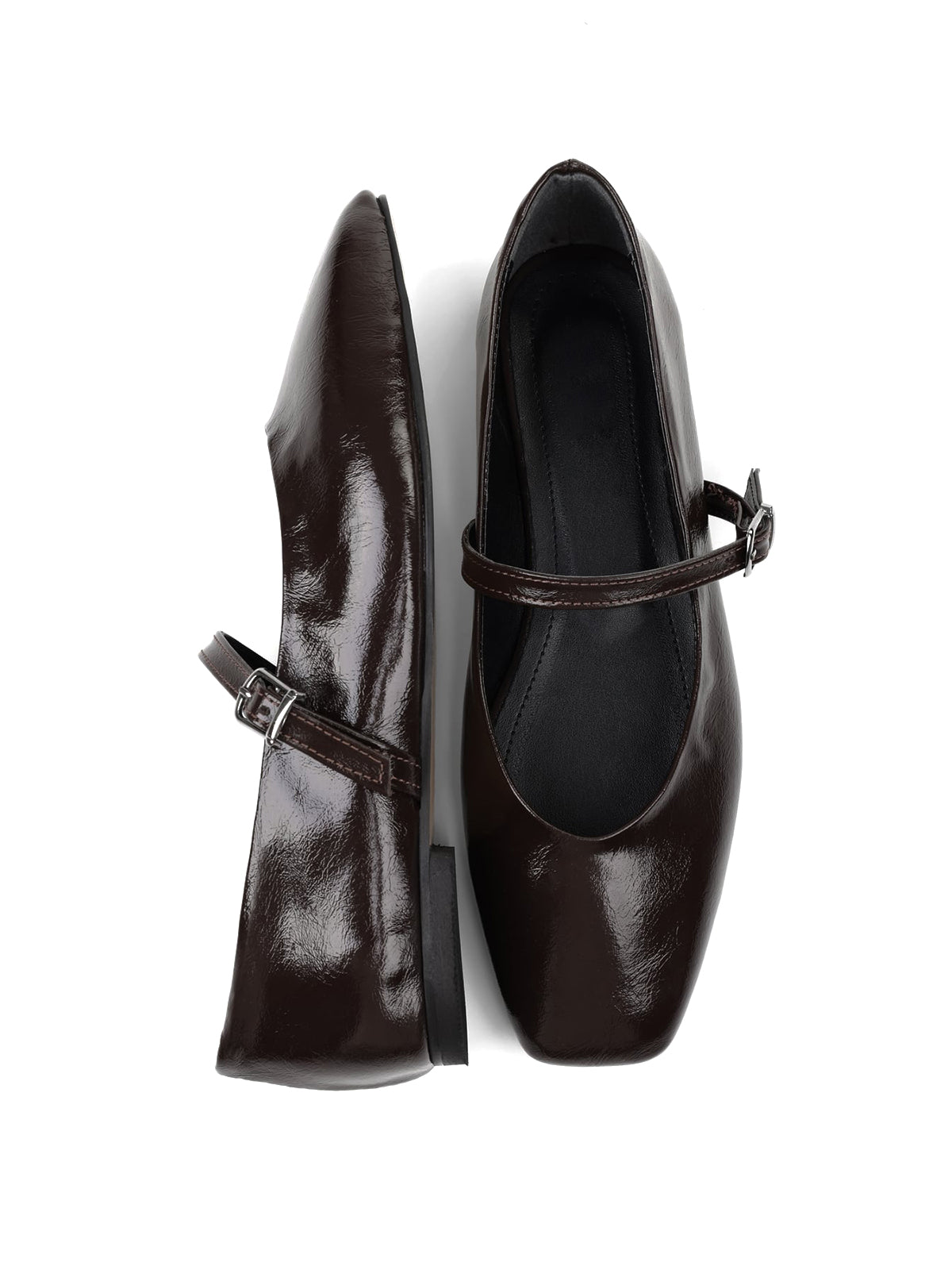 Coffee Square-Toe Buckle Bridge Strap Stylish Ballet Flats