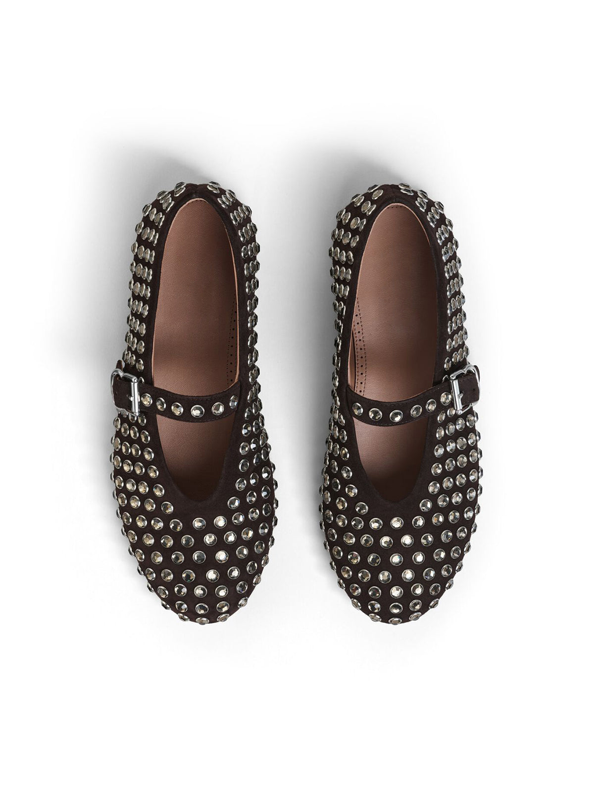 Dark Brown Faux Suede Round-Toe Mary Jane Ballet Flats With Rhinestone