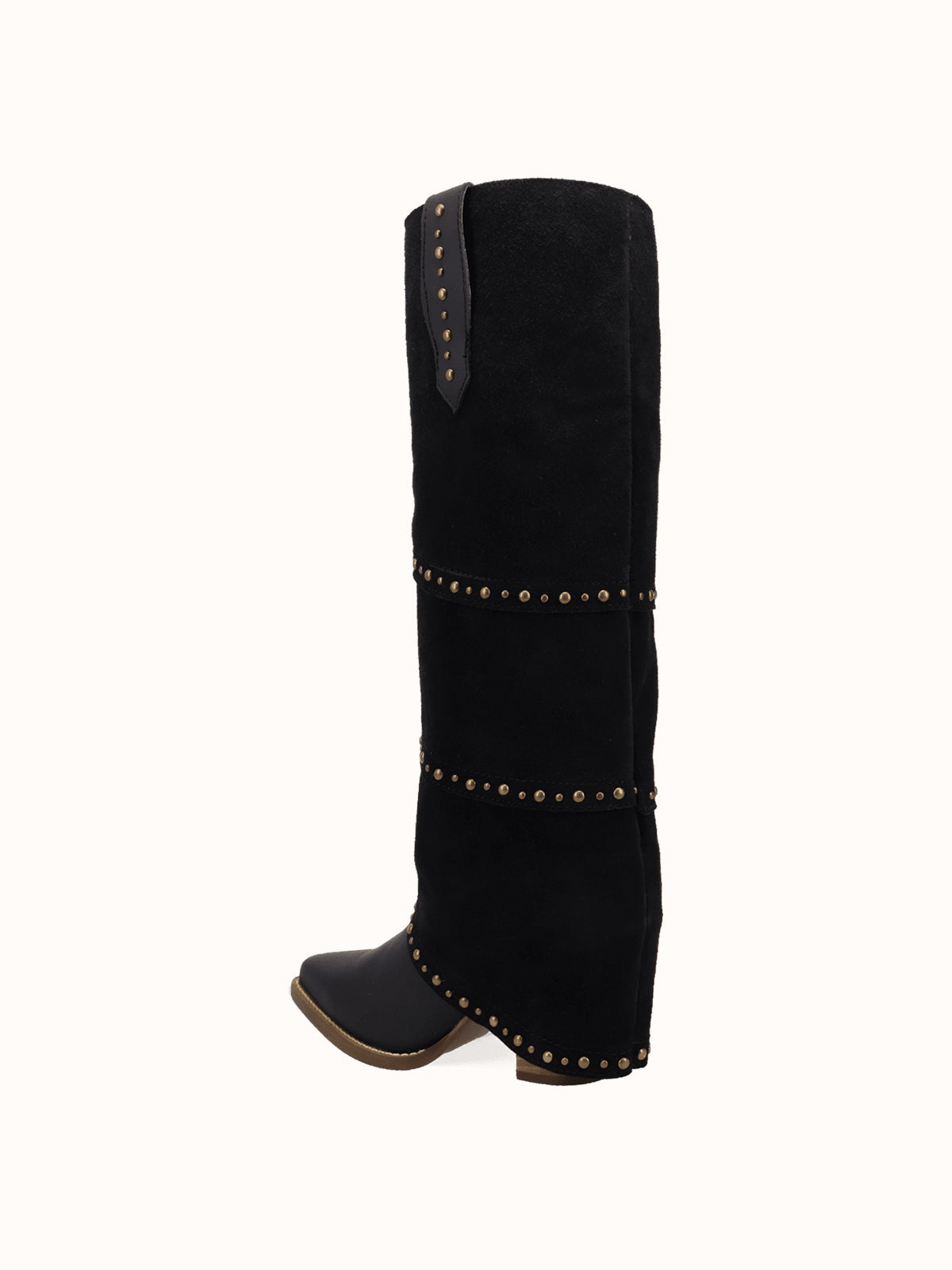 Black Snip-Toe Faux Suede Fold-Over With Studs Wide Calf Knee High Cowgirl Boots