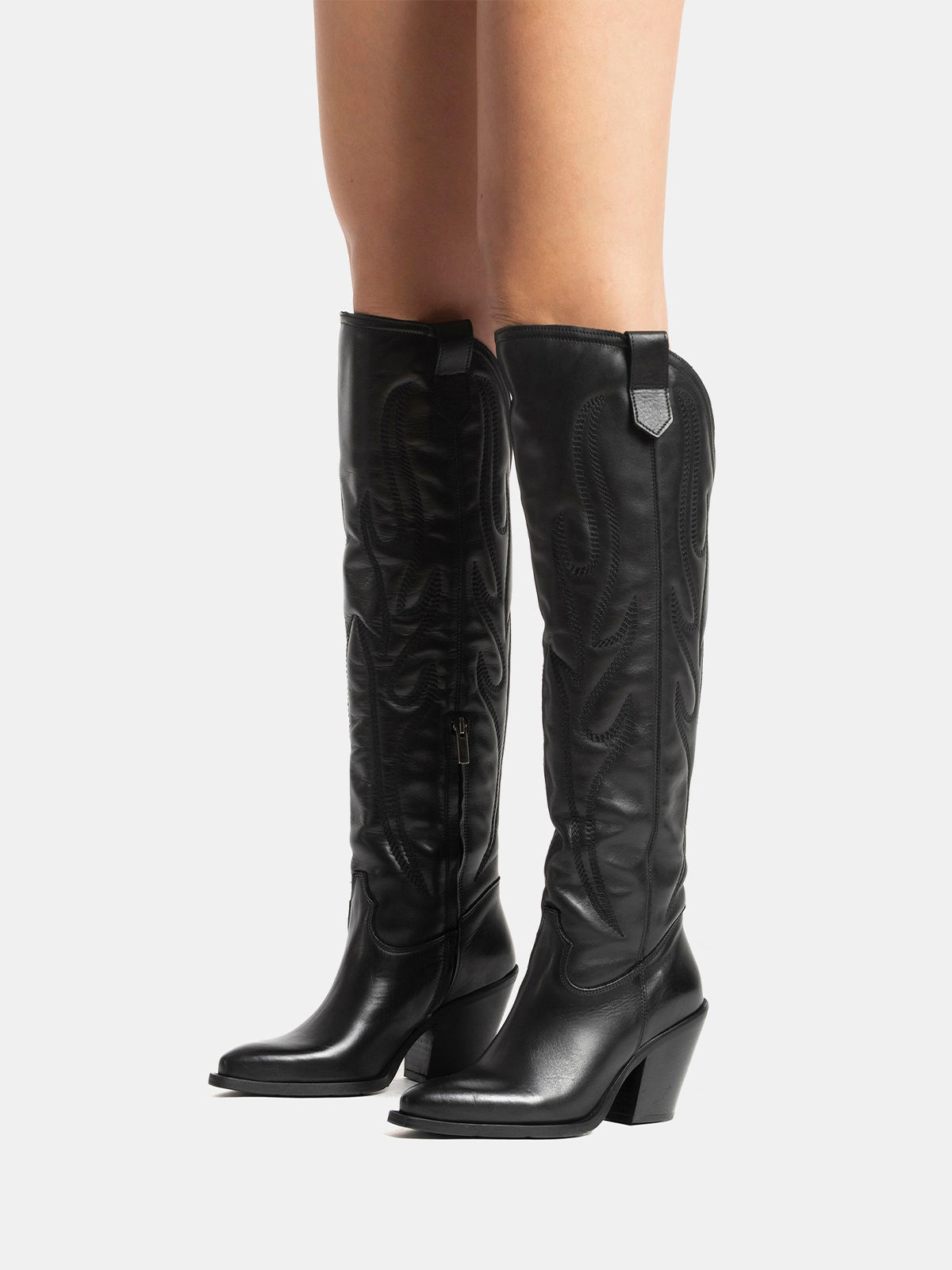 Black Classic Snip-Toe Embroidery Half-Zip Knee High Tall Cowgirl Boots