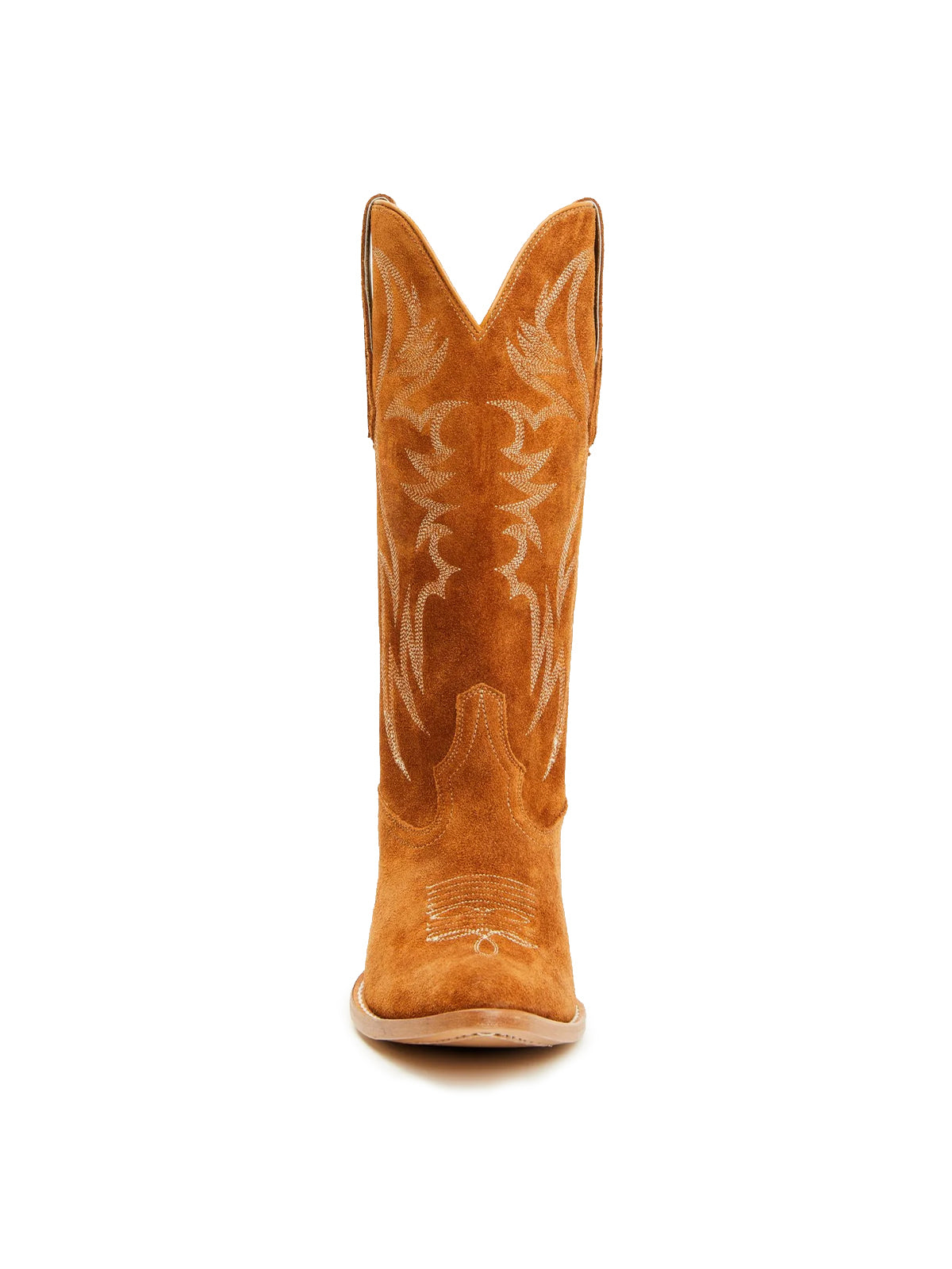 Faux Suede Wings Embroidery Pointed-Toe Mid Calf Cowgirl Boots - Cognac
