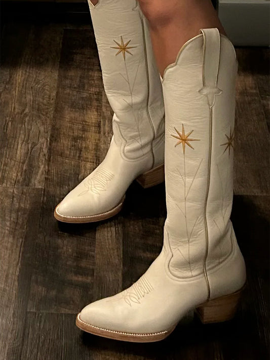 Bone Almond-Toe Gold Flowers Embroidery Wide Calf Knee High Cowgirl Boots