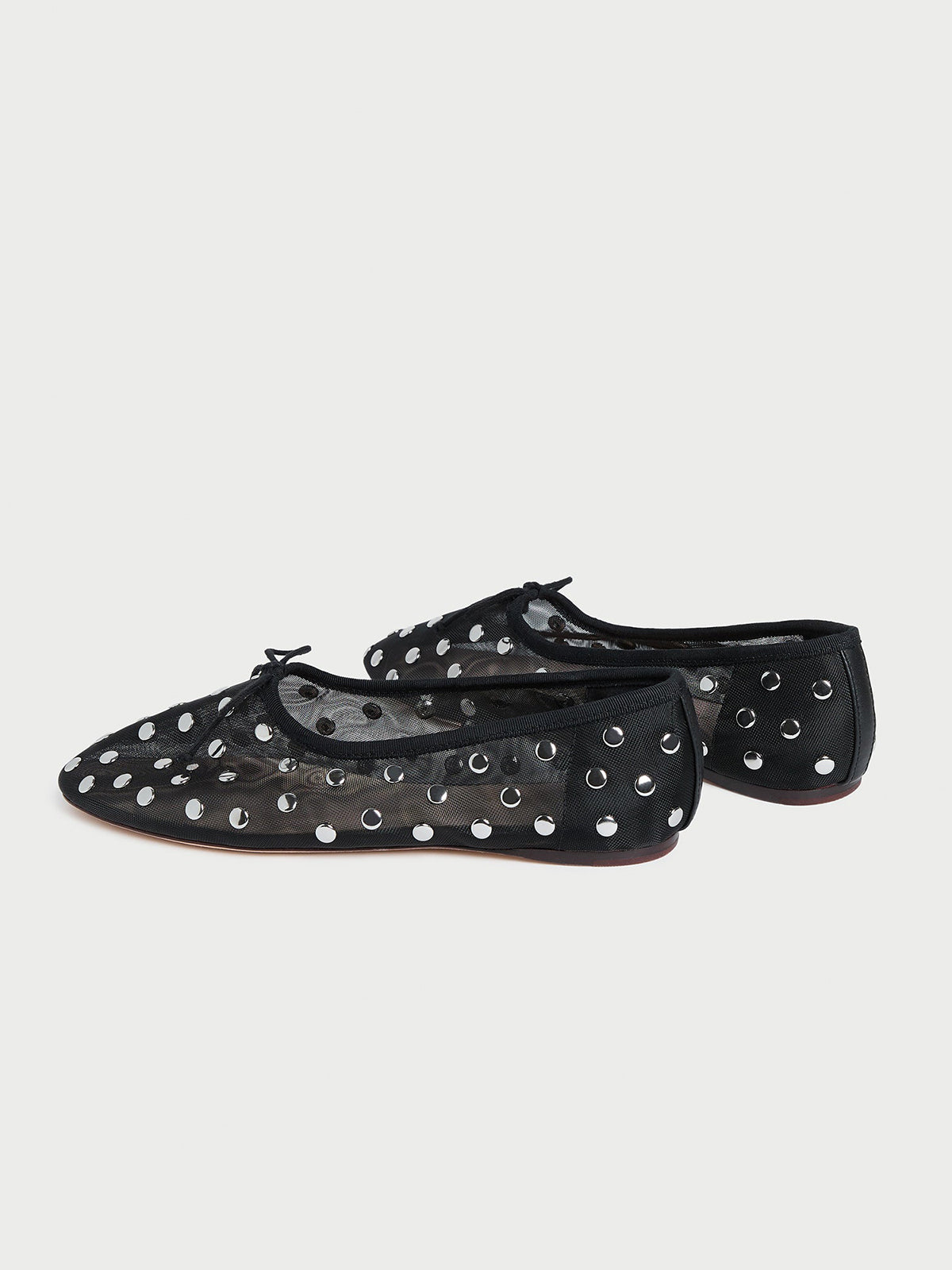 Black Mesh Round-Toe Front Bow Ballet Flats With Studs