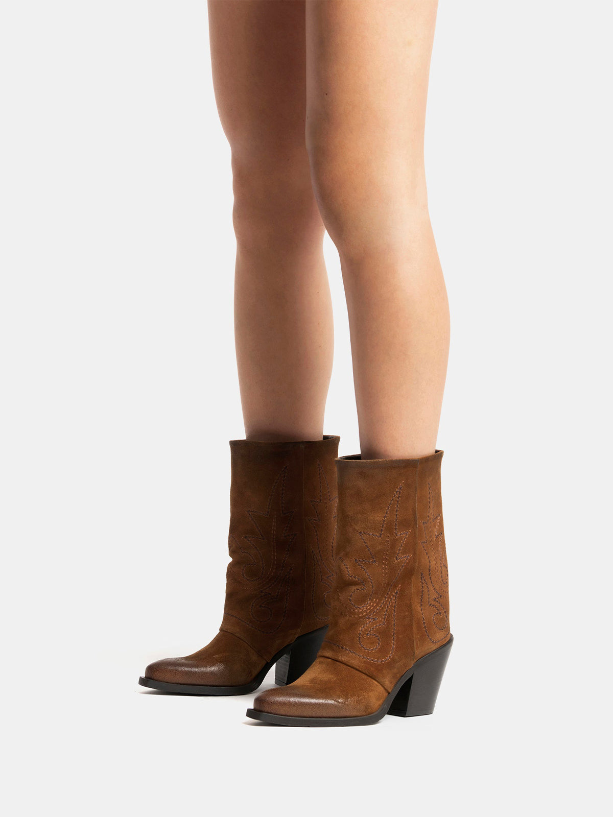Brown Snip-Toe Faux Suede Embroidery Mid Calf Cowgirl Boots