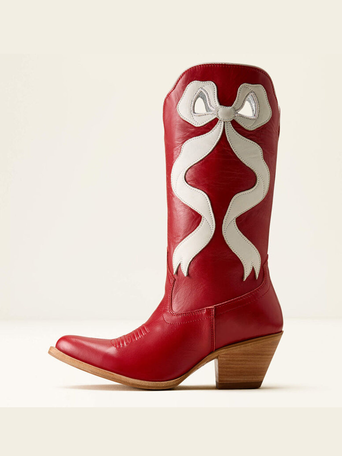 Red Almond-Toe Ivory Side Big Bow Applique Mid Calf Cowgirl Boots