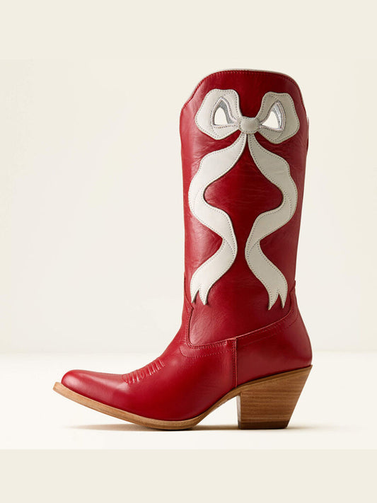 Red Almond-Toe Ivory Side Big Bow Applique Mid Calf Cowgirl Boots