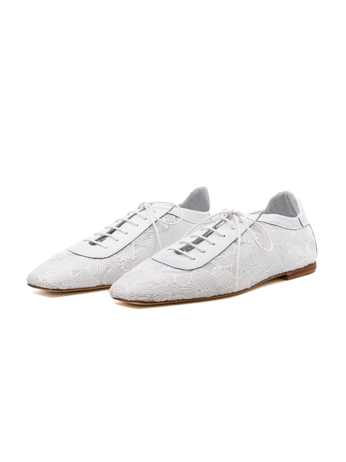 White Mesh And Vegan Leather Square-Toe Lace-Up Chic Flats