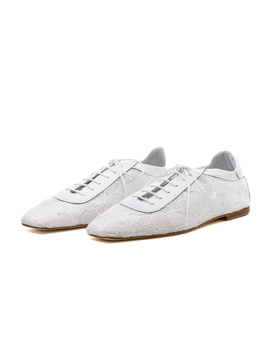 White Mesh And Vegan Leather Square-Toe Lace-Up Chic Flats