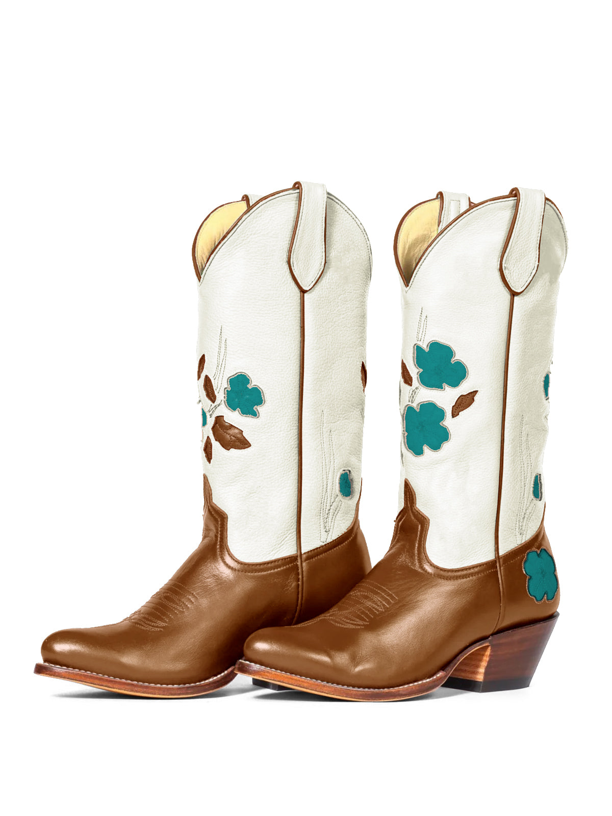 Contrast White And Brown Almond-Toe Green Flower Inlay Mid Calf Cowgirl Boots