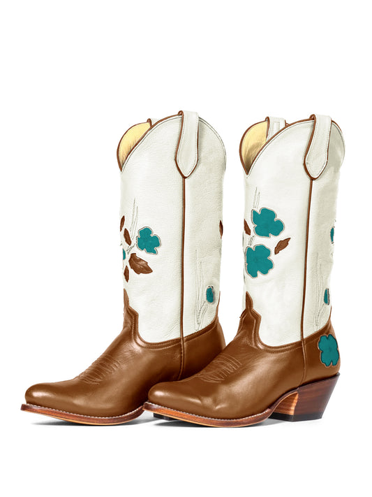 Contrast White And Brown Almond-Toe Green Flower Inlay Mid Calf Cowgirl Boots