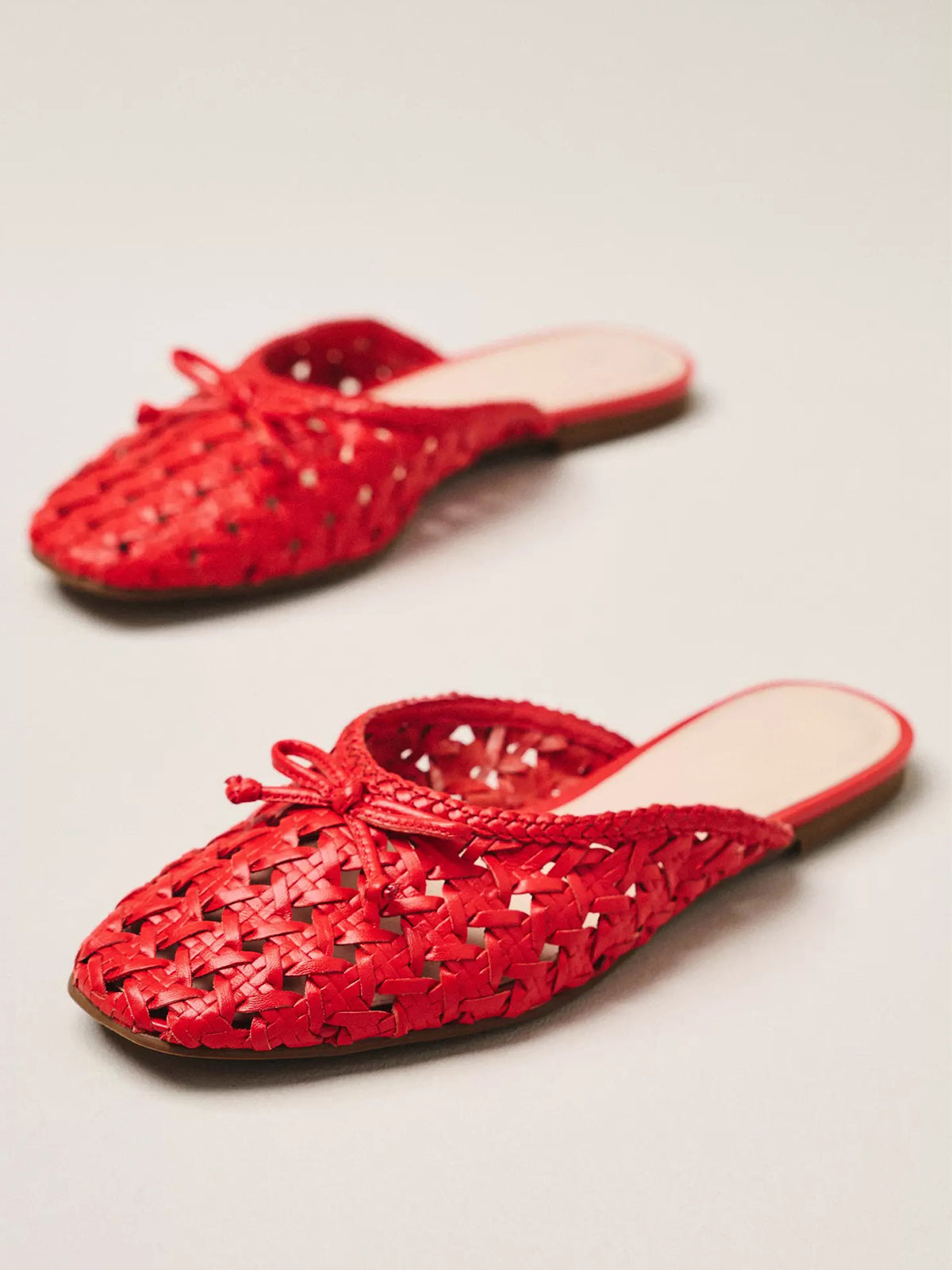 Red Woven Vegan Leather Square-Toe Front Bow Mules Flats