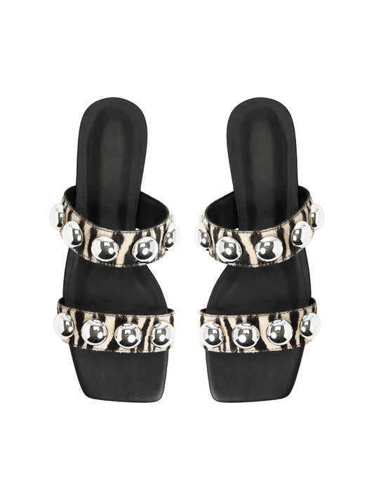 Zebra Square-Toe Double Straps With Studs Flats