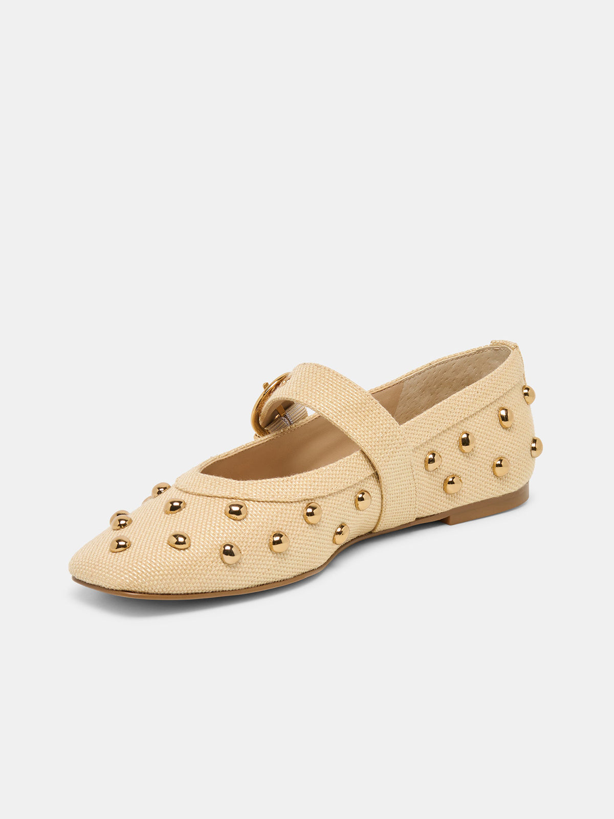 Beige Woven Square-Toe Studs And Mary Jane Ballet Flats