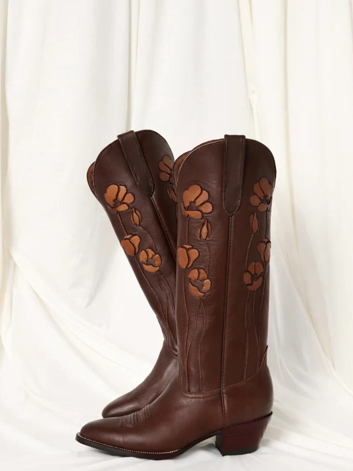 Coffee Almond-Toe Flowers Applique Wide Calf Knee High Chic Cowgirl Boots