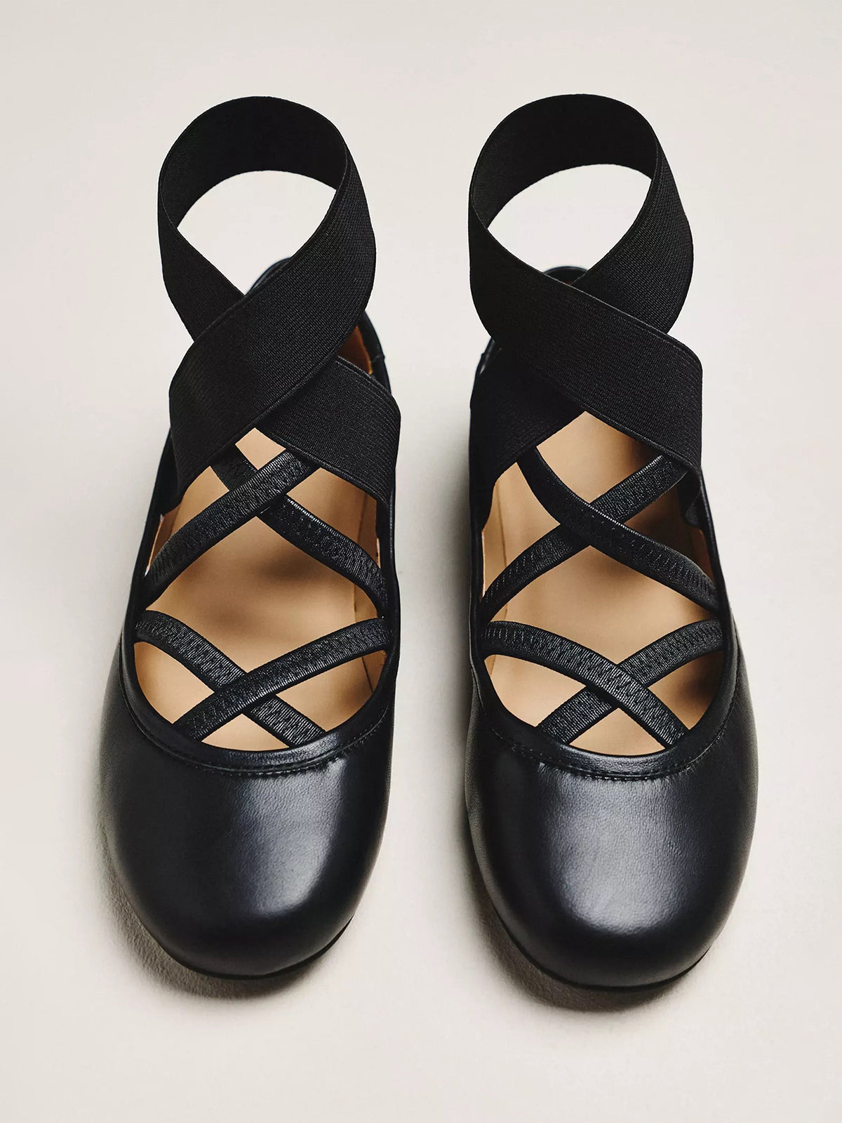 Black Round-Toe Strappy And Ankle Wrap Strap Ballet Flats