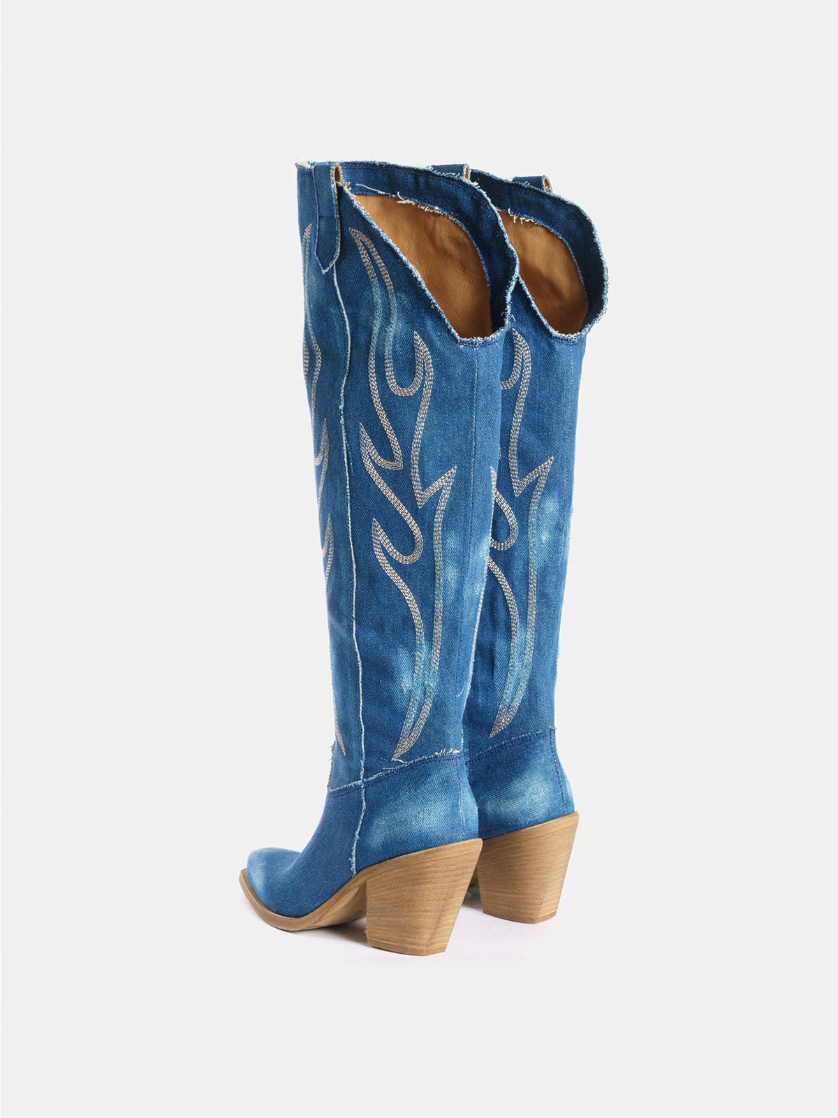Blue Denim Snip-Toe Half-Zip Chic Embroidery Knee High Cowgirl Boots