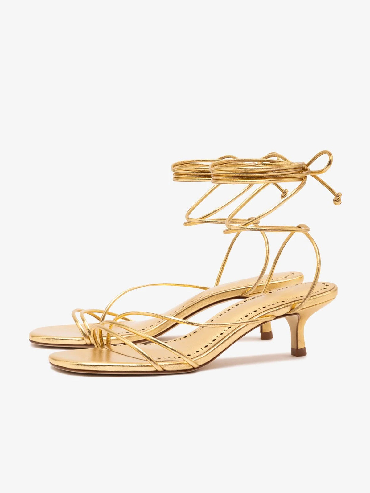 Metallic Gold Round-Toe Front And Long Ankle Strap Kitten Heels