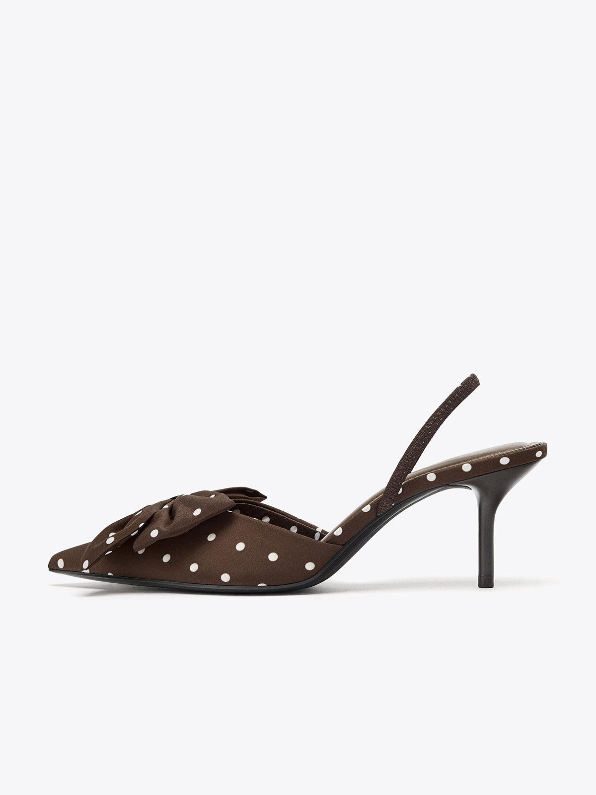Chocolate Satin Pointed-Toe Front Bow Polka Dot Print Slingback Kitten Heels