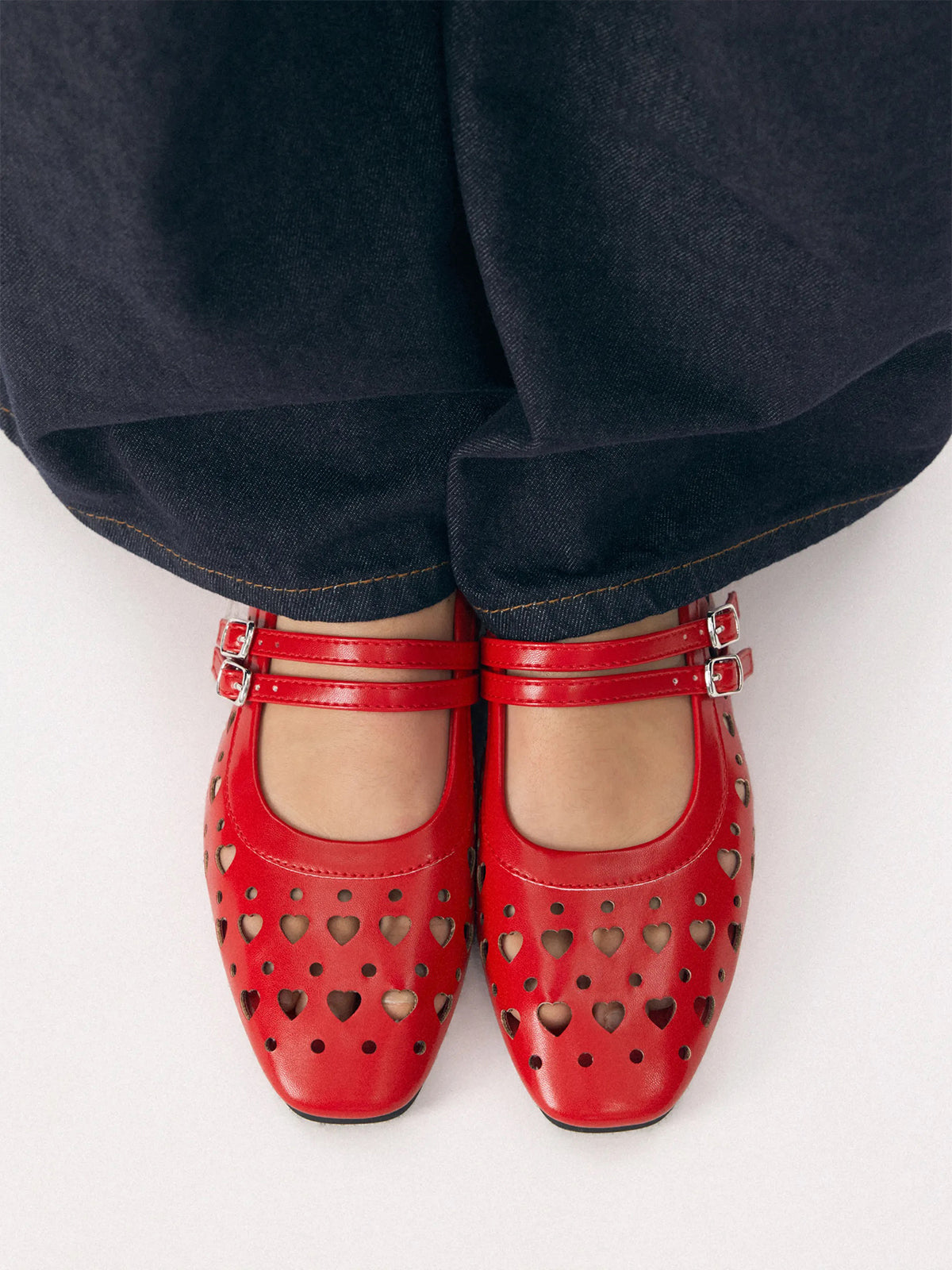Red Square-Toe Heart Cutout Double Mary Jane Flats