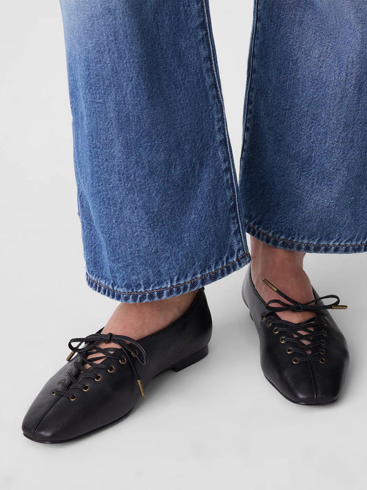 Black Square-Toe Chic Lace-Up Slip-On Flats