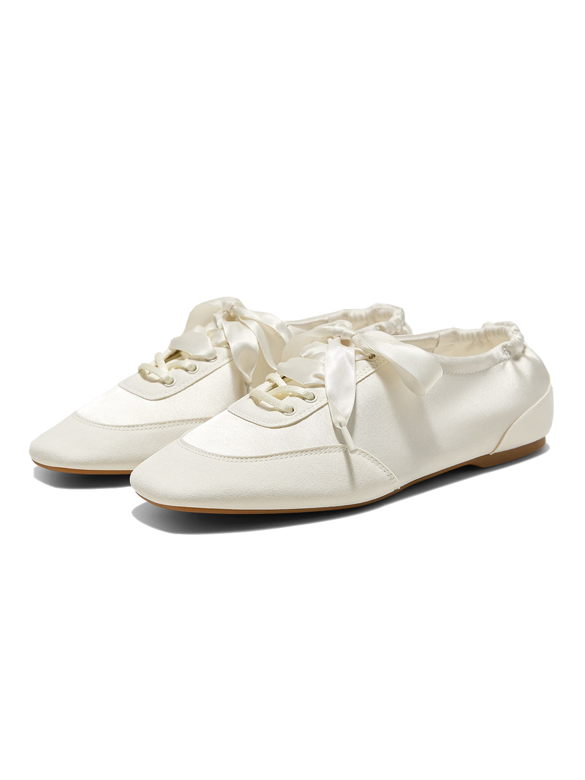 Cream Satin And Faux Suede Square-Toe Floral Embroidery Lace-Up Flats