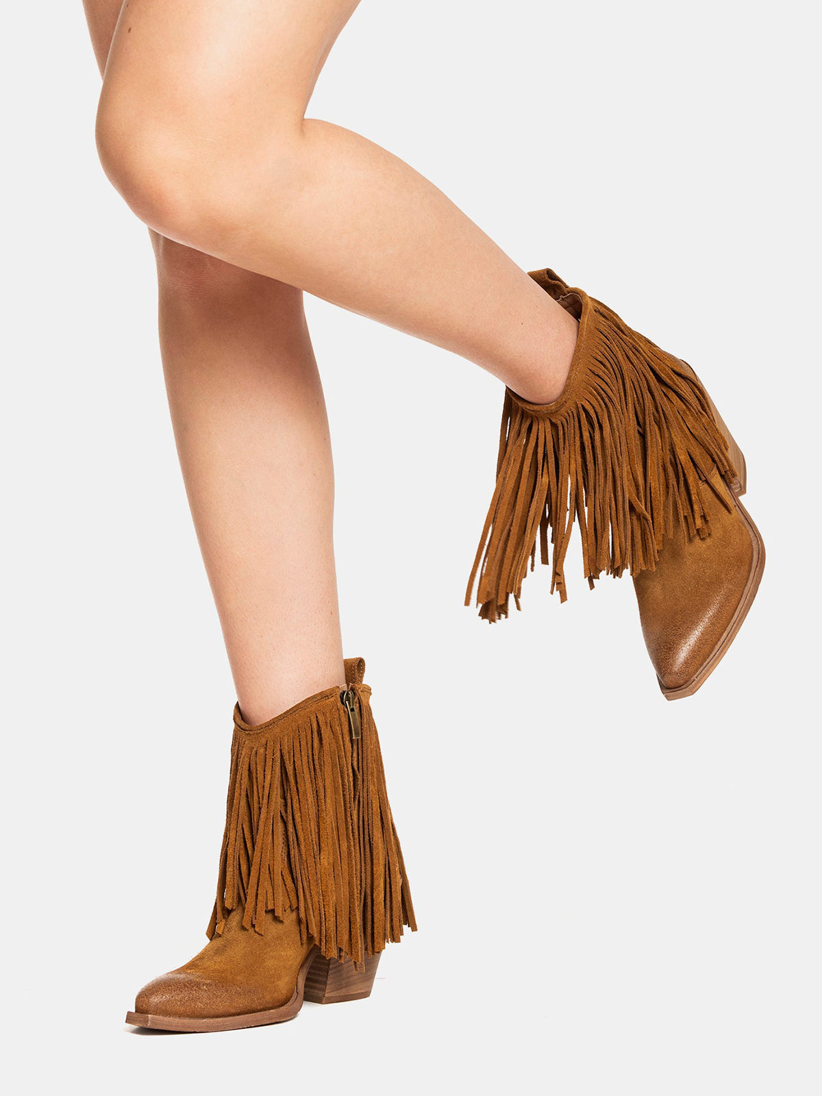 Brown Faux Suede Snip-Toe Fringe Full-Zip Ankle Cowgirl Boots