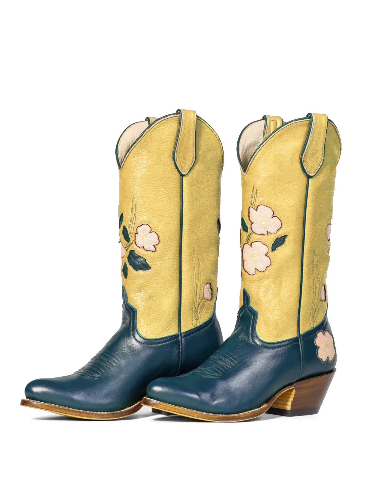 Contrast Yellow And Blue Almond-Toe Fresh Flower Inlay Mid Calf Cowgirl Boots