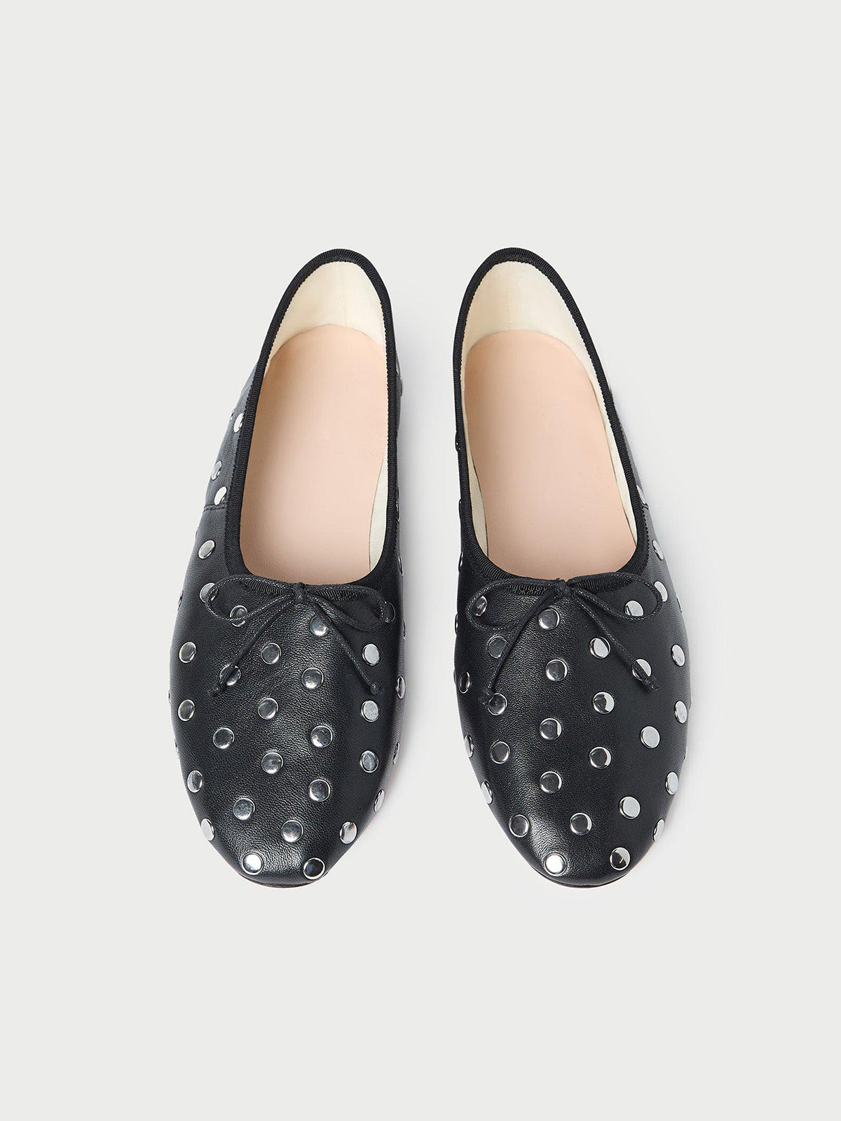 Black Round-Toe Front Bow Ballet Flats With Studs