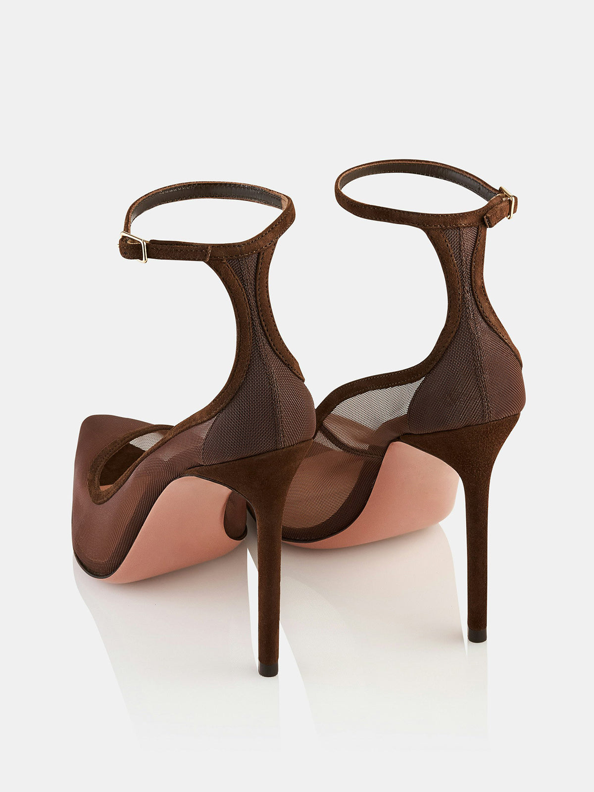 Brown Mesh Pointed-Toe High Heels Pumps With Ankle Strap