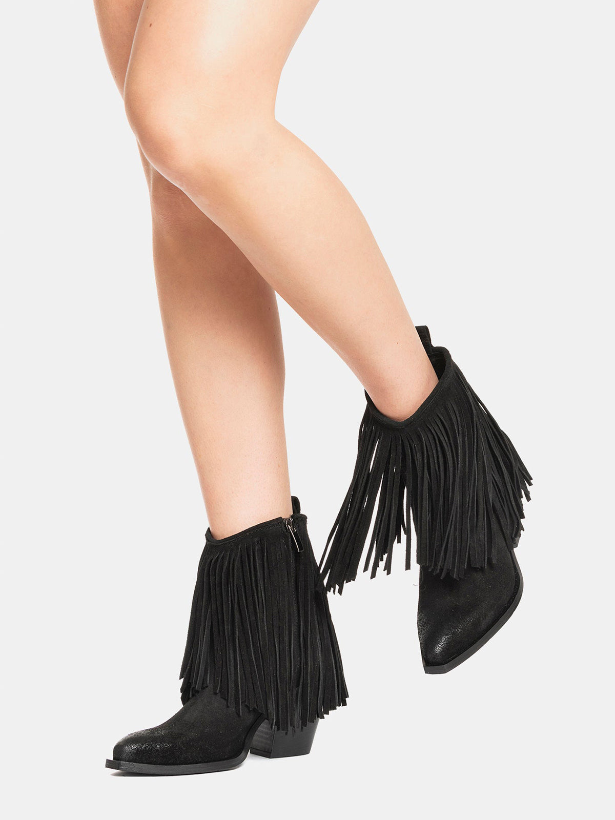 Black Faux Suede Snip-Toe Fringe Full-Zip Ankle Cowgirl Boots